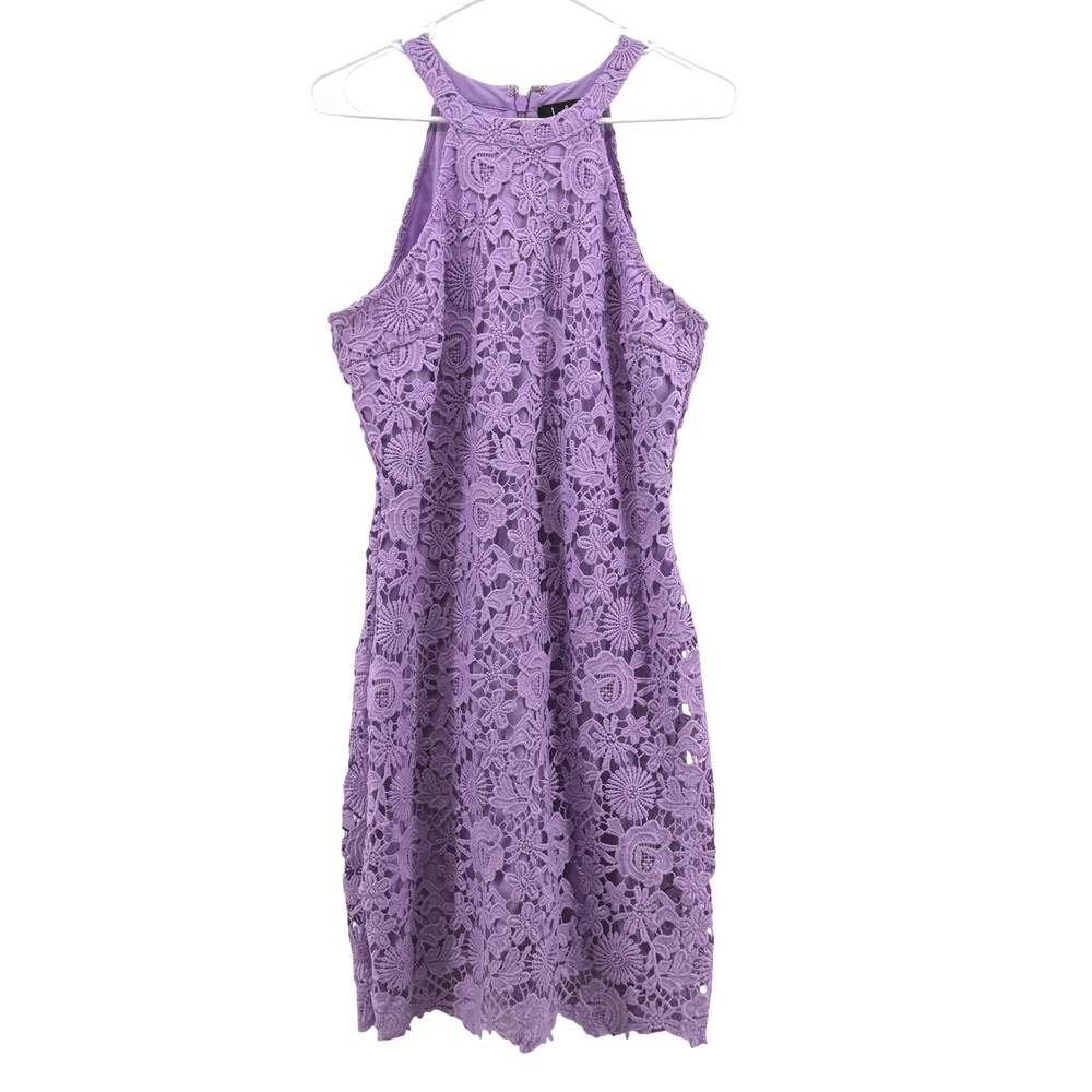 Lulus Lavender Floral Lace Halter Mini Dress Purple Sleeveless Cocktail Large